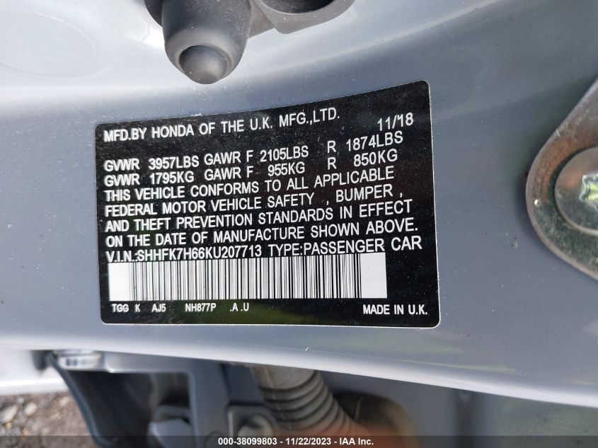 2019 HONDA CIVIC EX - SHHFK7H66KU207713