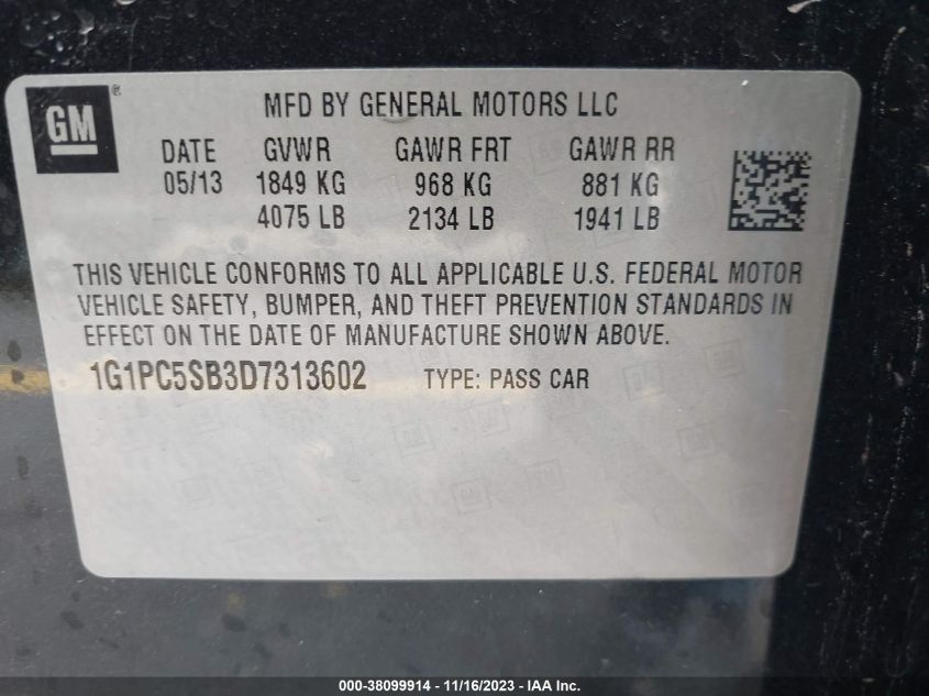 2013 CHEVROLET CRUZE LT - 1G1PC5SB3D7313602