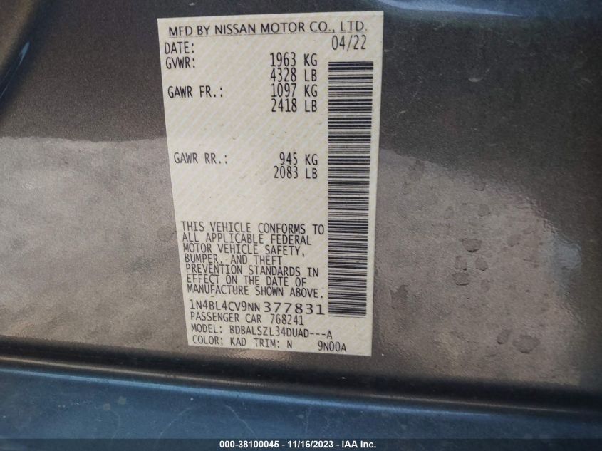2022 NISSAN ALTIMA SR - 1N4BL4CV9NN377831