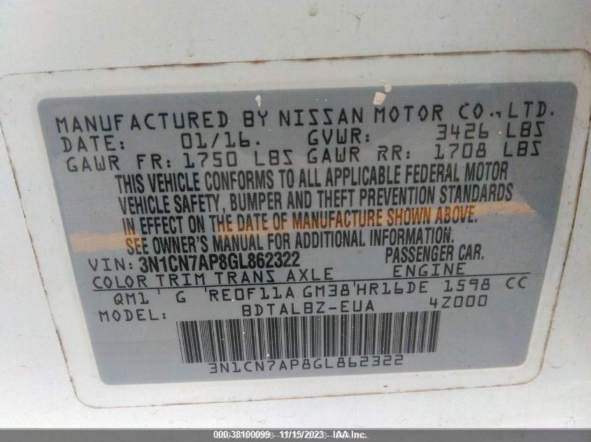 2016 NISSAN VERSA SV - 3N1CN7AP8GL862322