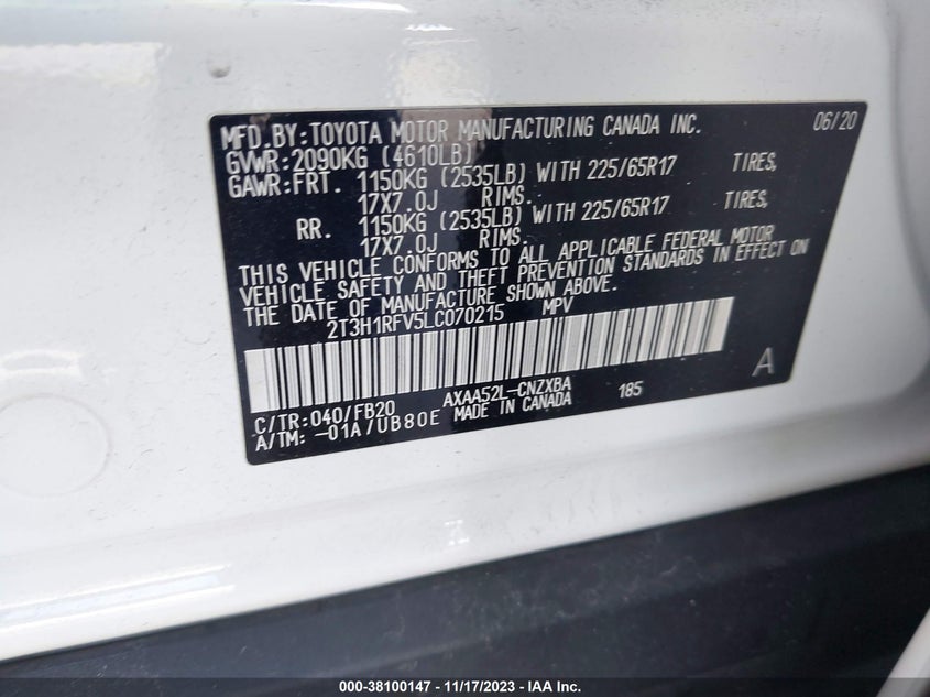 VIN 2T3H1RFV5LC070215 2020 TOYOTA RAV4 LE