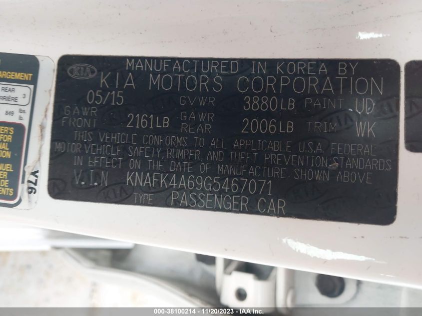 KNAFK4A69G5467071 | 2016 KIA FORTE