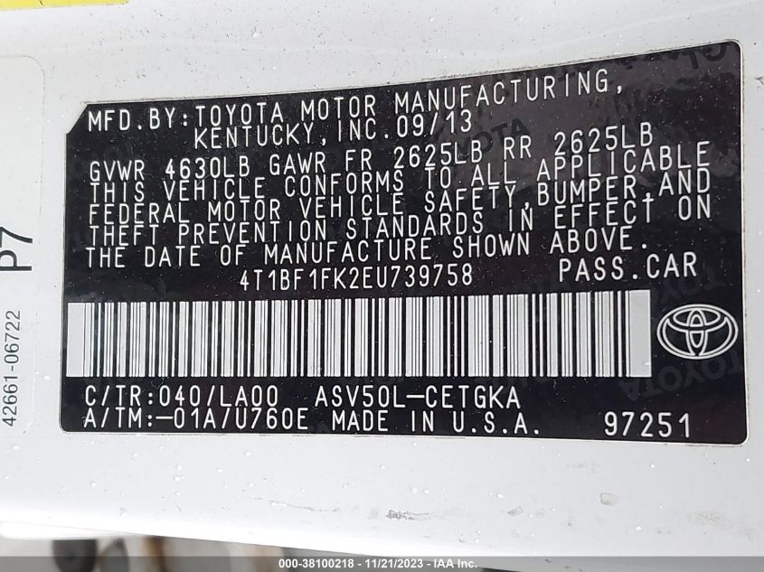 2014 TOYOTA CAMRY XLE - 4T1BF1FK2EU739758