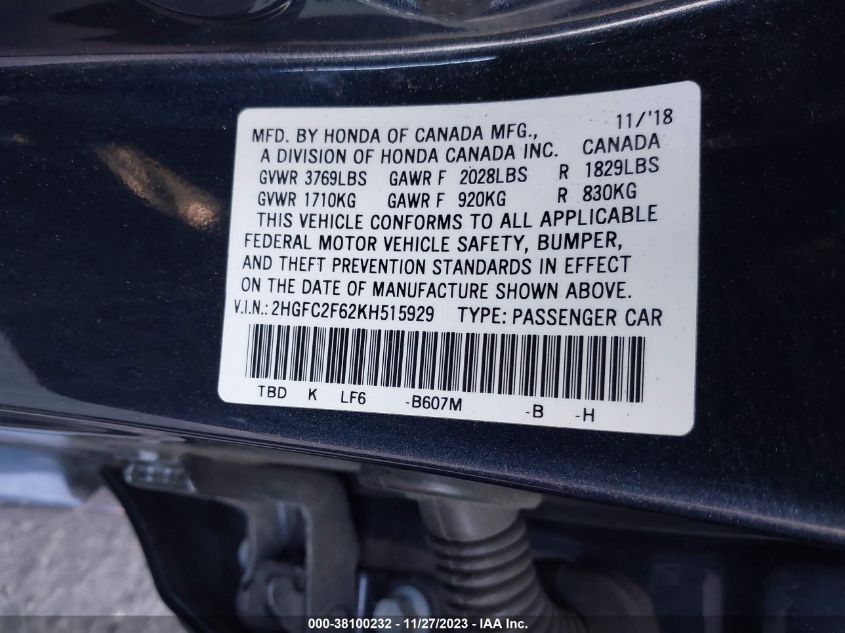 2019 HONDA CIVIC LX - 2HGFC2F62KH515929
