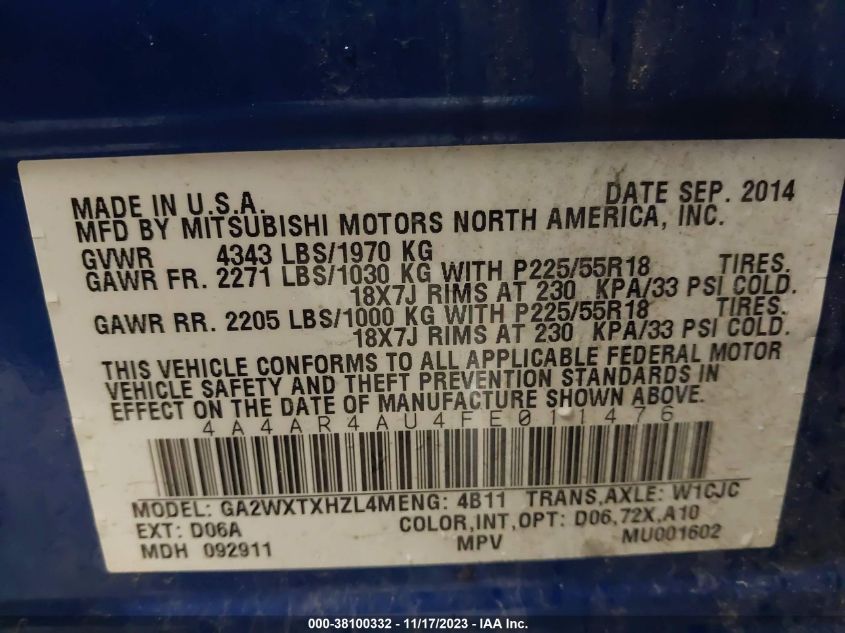 2015 MITSUBISHI OUTLANDER SPORT SE - 4A4AR4AU4FE011476