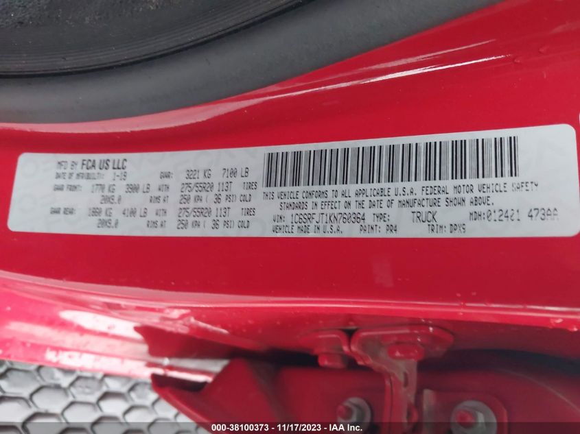 2019 RAM 1500 LARAMIE - 1C6SRFJT1KN760364