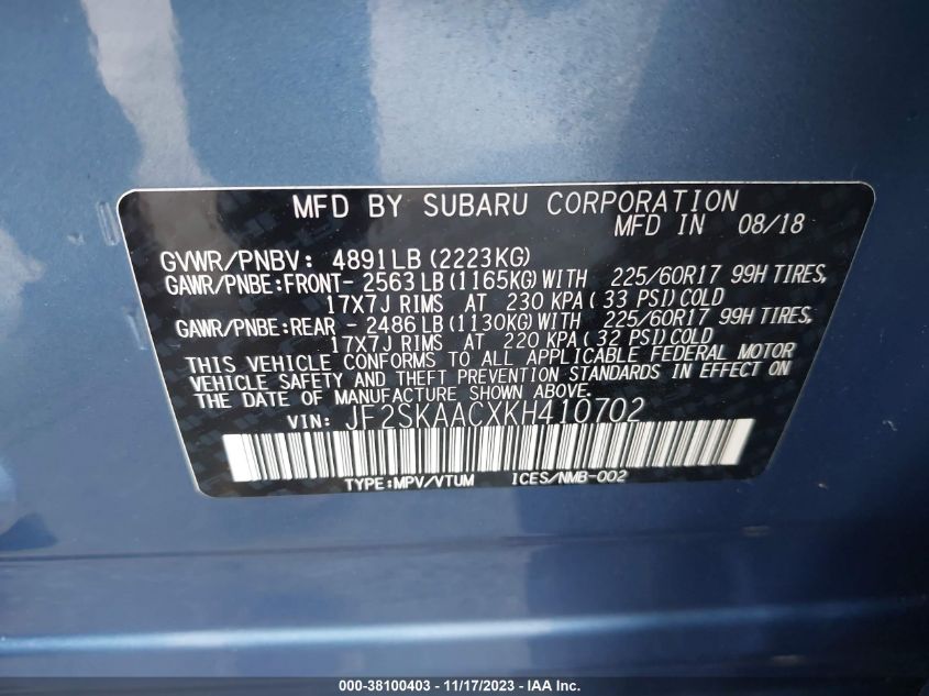 2019 SUBARU FORESTER - JF2SKAACXKH410702