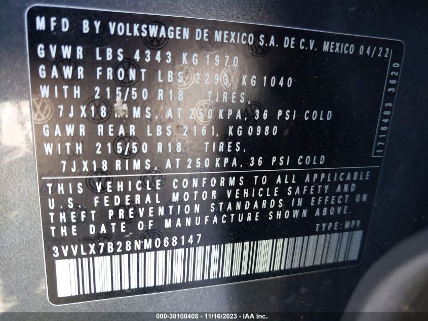 2022 VOLKSWAGEN TAOS 1.5T SE - 3VVLX7B28NM068147