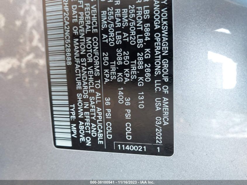 2022 VOLKSWAGEN ATLAS SE - 1V2HP2CA2NC528688