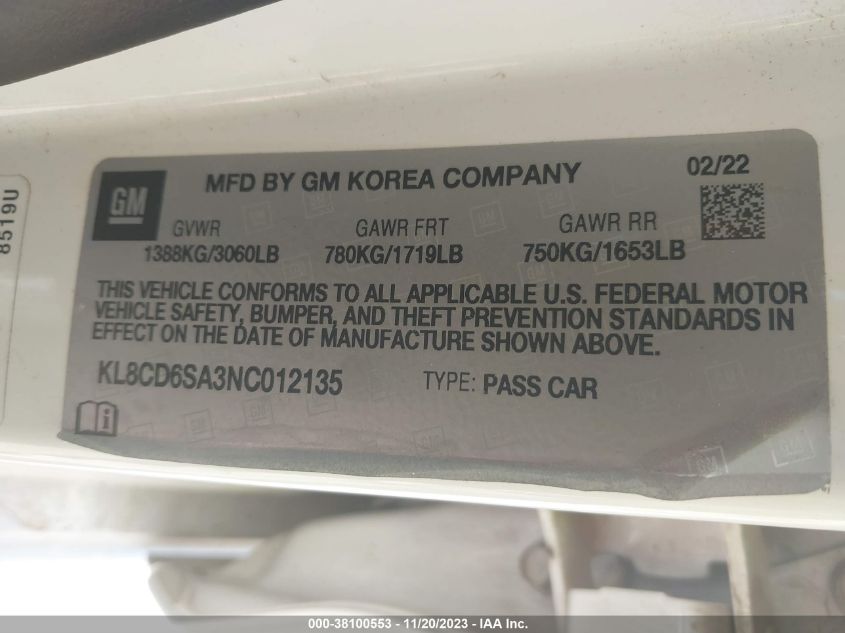 2022 CHEVROLET SPARK FWD 1LT AUTOMATIC - KL8CD6SA3NC012135