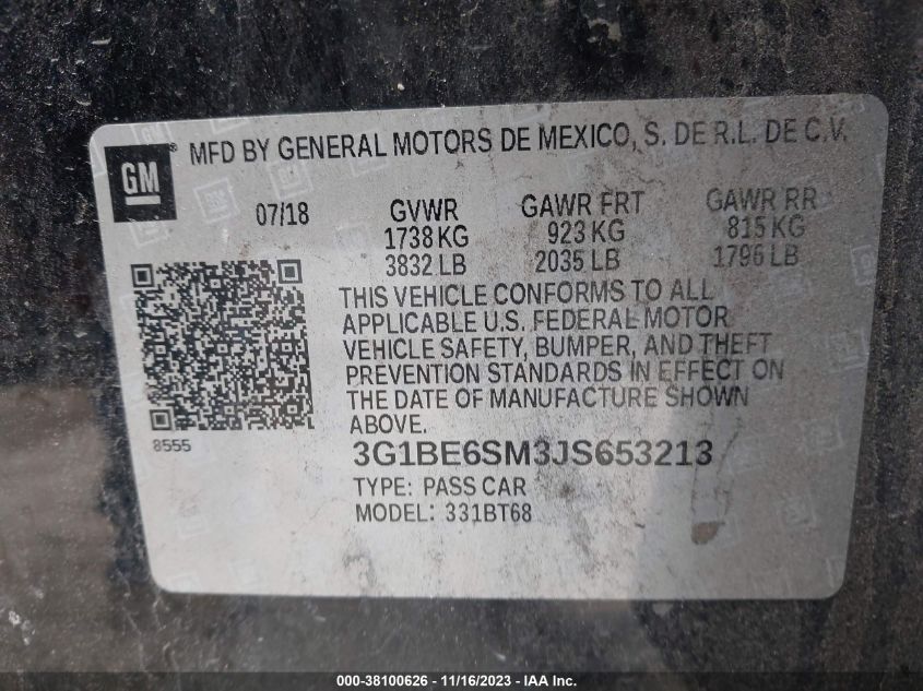 2018 CHEVROLET CRUZE LT - 3G1BE6SM3JS653213