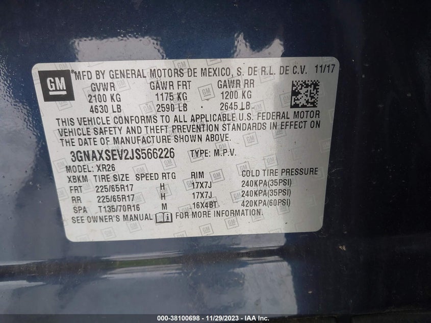 VIN 3GNAXSEV2JS566226 2018 CHEVROLET EQUINOX LT