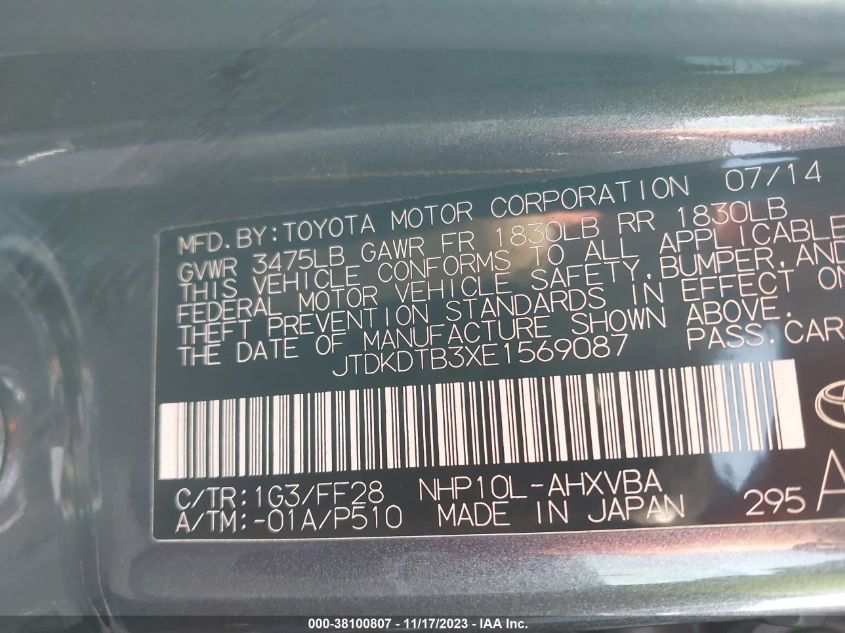 2014 TOYOTA PRIUS C ONE/THREE/TWO/FOUR - JTDKDTB3XE1569087