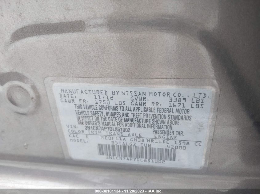 2013 NISSAN VERSA 1.6 SL - 3N1CN7AP7DL851002