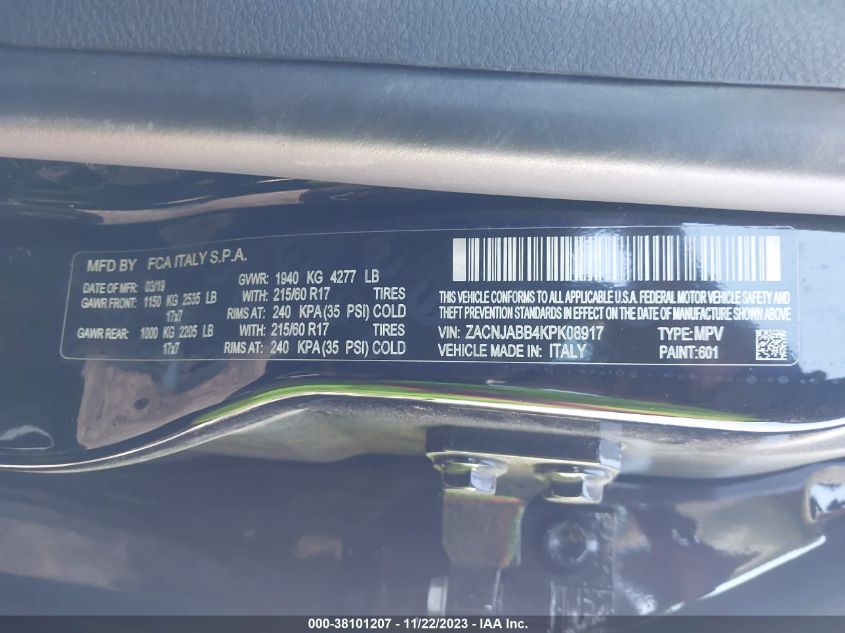 2019 JEEP RENEGADE LATITUDE FWD - ZACNJABB4KPK08917