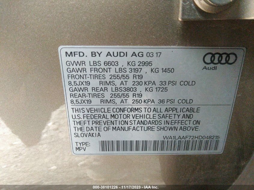 WA1LAAF72HD048215 2017 AUDI Q7, photo no. 9