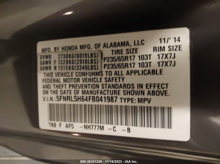 5FNRLSH64FB041987 2015 HONDA ODYSSEY, photo no. 9