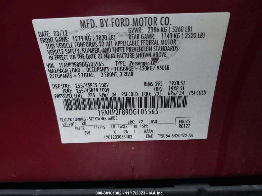 2013 FORD TAURUS LIMITED - 1FAHP2F89DG105565