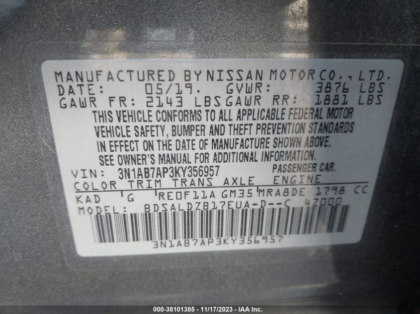 2019 NISSAN SENTRA S/SV/SR/SL - 3N1AB7AP3KY356957
