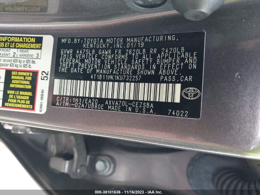 2019 TOYOTA CAMRY L/LE/XLE/SE/XSE - 4T1B11HK1KU732257