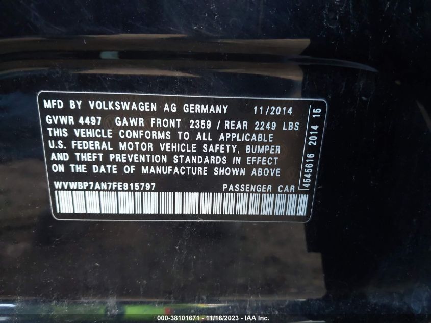 2015 VOLKSWAGEN CC SPORT - WVWBP7AN7FE815797