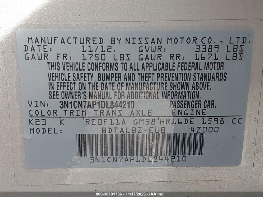 2013 NISSAN VERSA 1.6 SV - 3N1CN7AP1DL844210