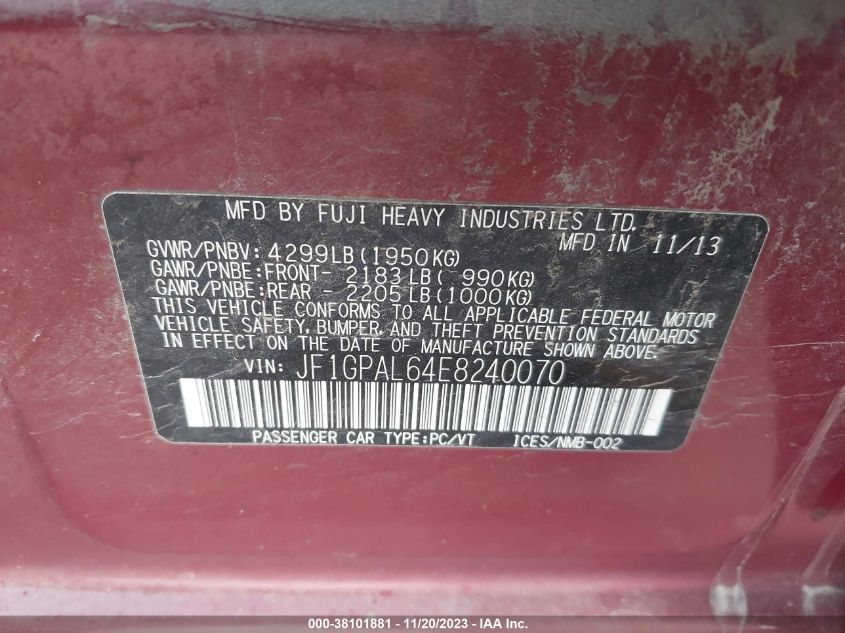 2014 SUBARU IMPREZA 2.0I SPORT PREMIUM - JF1GPAL64E8240070