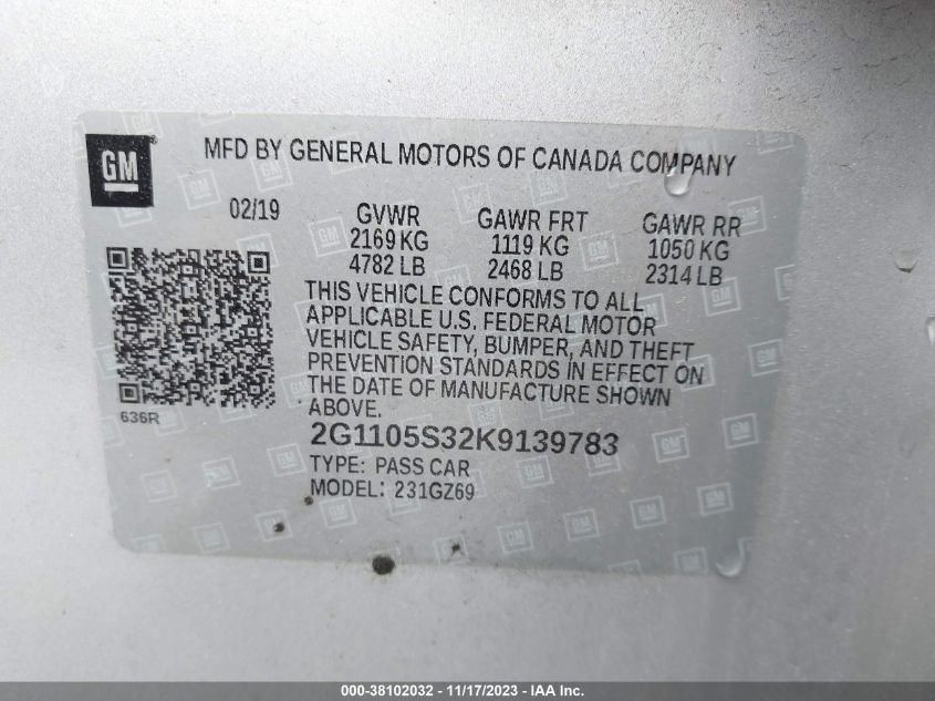 2019 CHEVROLET IMPALA PREMIER - 2G1105S32K9139783