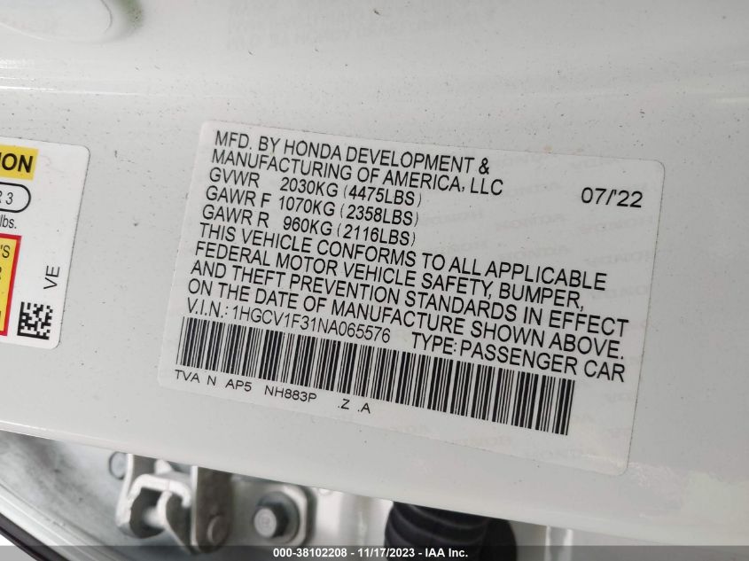 2022 HONDA ACCORD SPORT - 1HGCV1F31NA065576