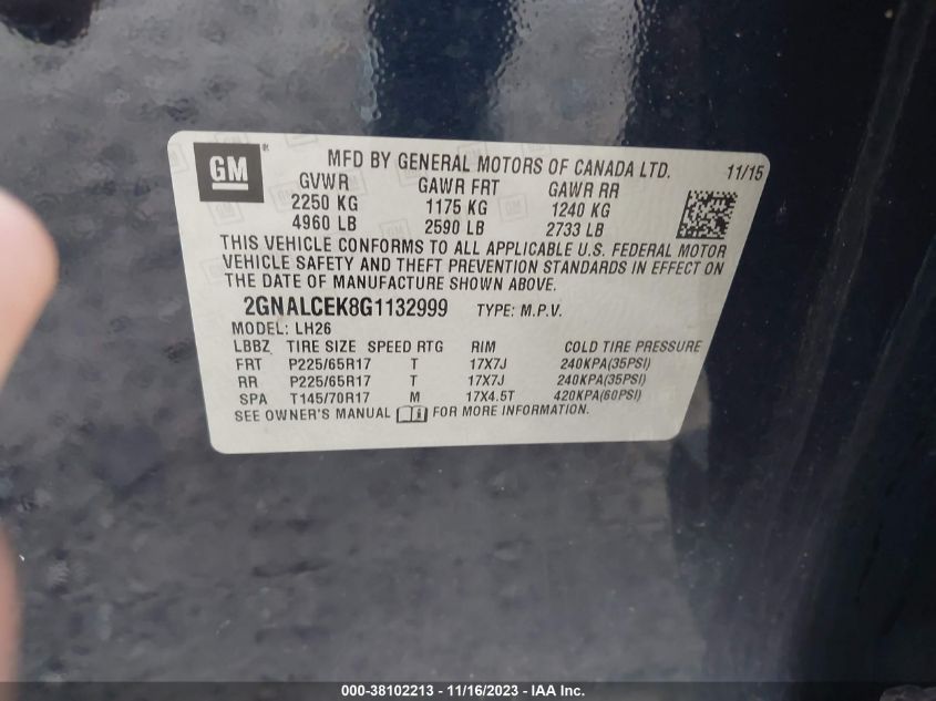 2016 CHEVROLET EQUINOX LT - 2GNALCEK8G1132999