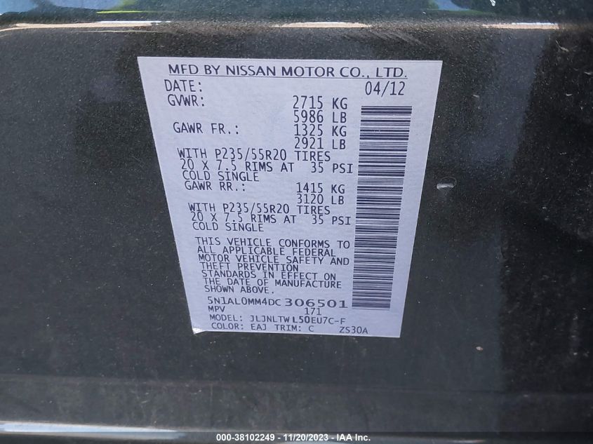 2013 INFINITI JX35 5N1AL0MM4DC306501