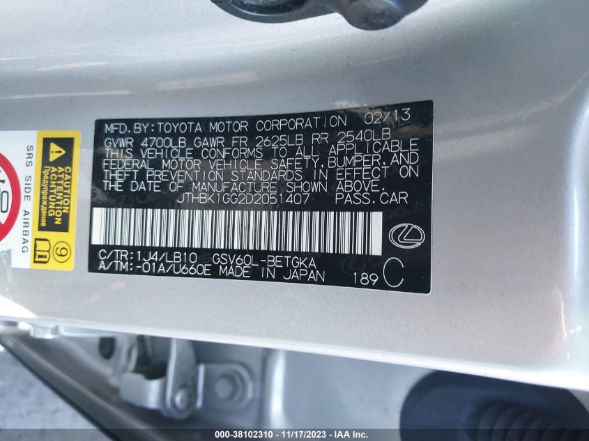 2013 LEXUS ES 350 4DR SDN - JTHBK1GG2D2051407