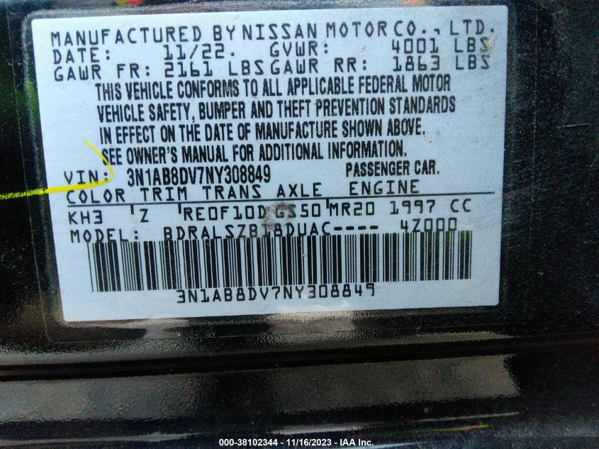 2022 NISSAN SENTRA SR - 3N1AB8DV7NY308849