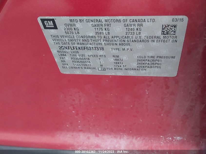 2015 CHEVROLET EQUINOX LT - 2GNFLFEK6F6317318