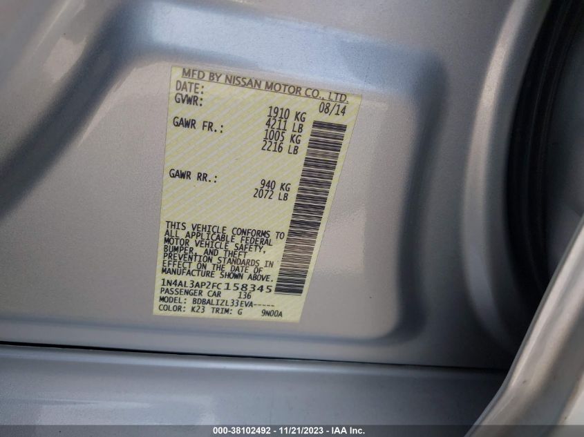 2015 NISSAN ALTIMA 2.5/S/SV/SL - 1N4AL3AP2FC158345