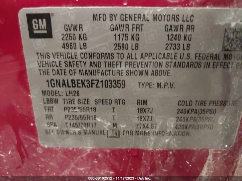 2015 CHEVROLET EQUINOX LT - 1GNALBEK3FZ103359