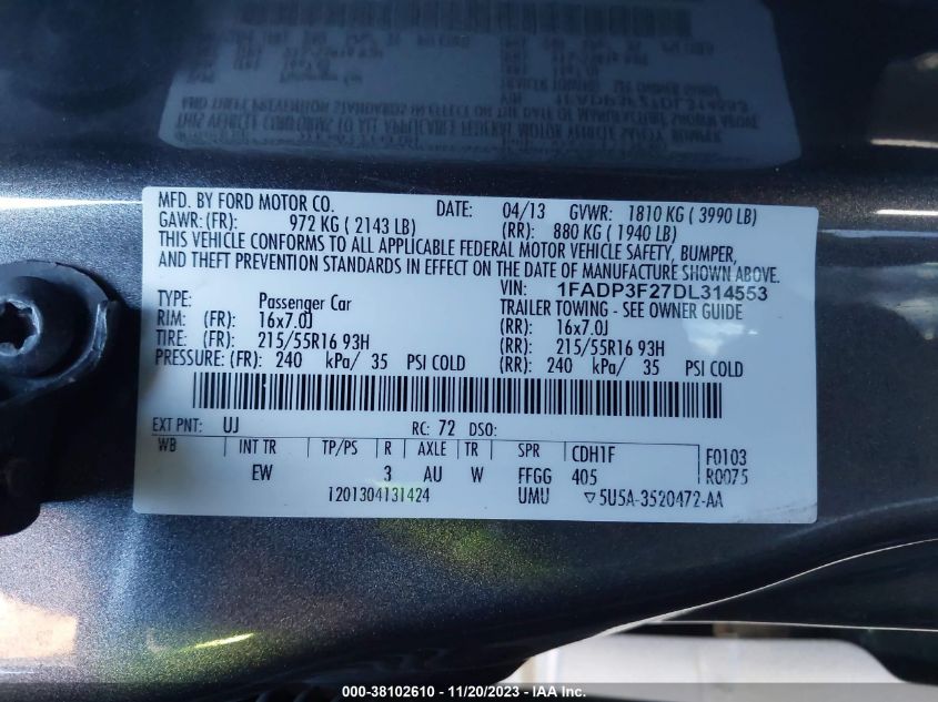 2013 FORD FOCUS SE - 1FADP3F27DL314553