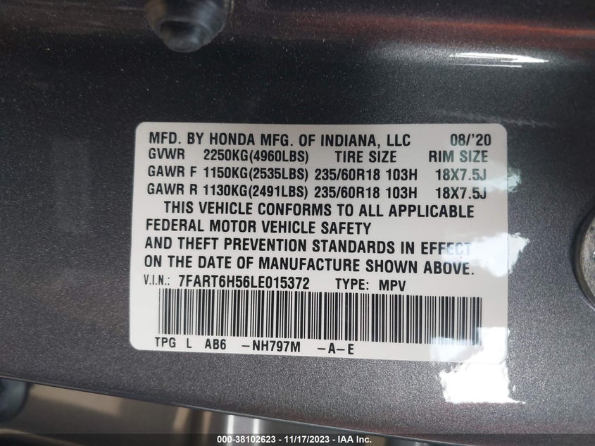 VIN 7FART6H56LE015372 2020 HONDA CR-V EX