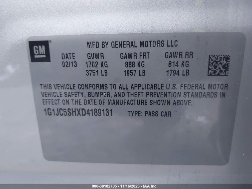 2013 CHEVROLET SONIC LT AUTO - 1G1JC5SHXD4189131