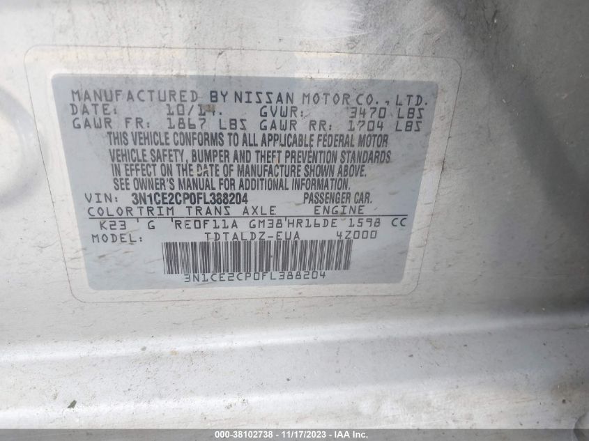 2015 NISSAN VERSA NOTE S/S PLUS/SV/SL/SR - 3N1CE2CP0FL388204