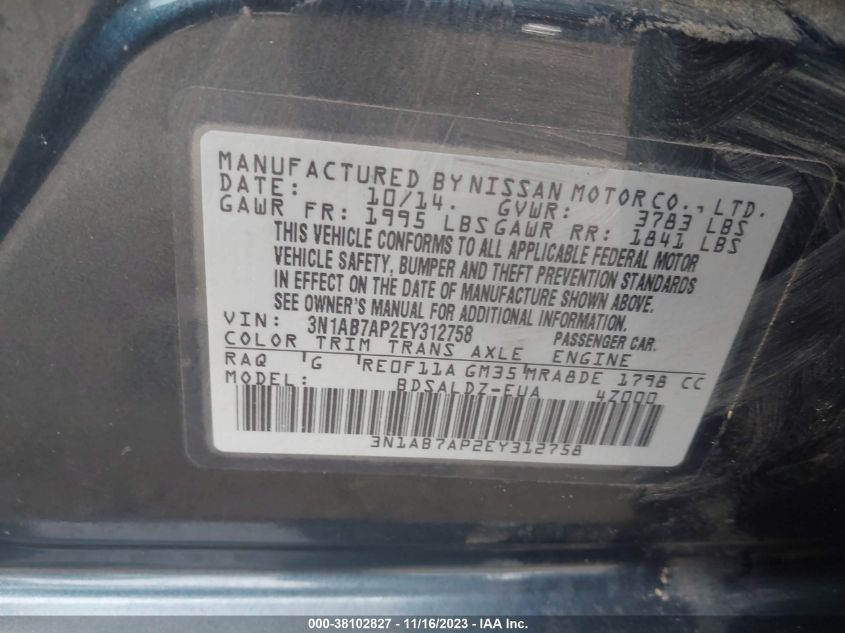2014 NISSAN SENTRA FE+ S/FE+ SV/S/SL/SR/SV - 3N1AB7AP2EY312758