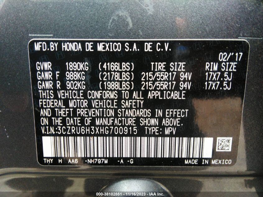 2017 HONDA HR-V LX - 3CZRU6H3XHG700915