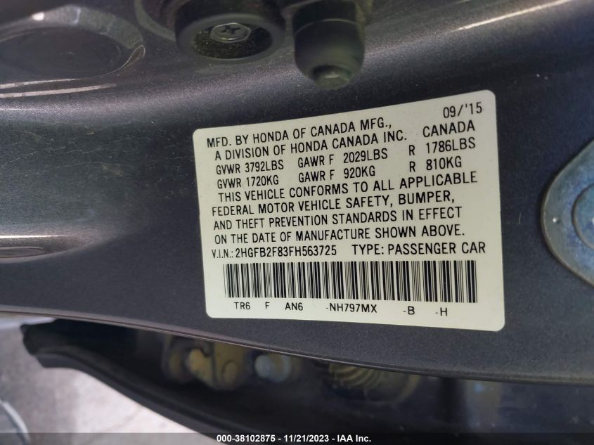 2015 HONDA CIVIC EX - 2HGFB2F83FH563725