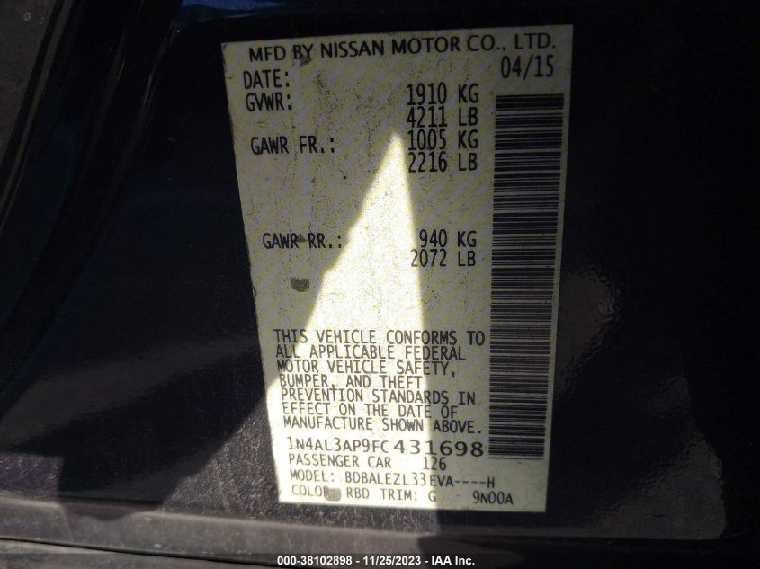 2015 NISSAN ALTIMA 2.5 S - 1N4AL3AP9FC431698