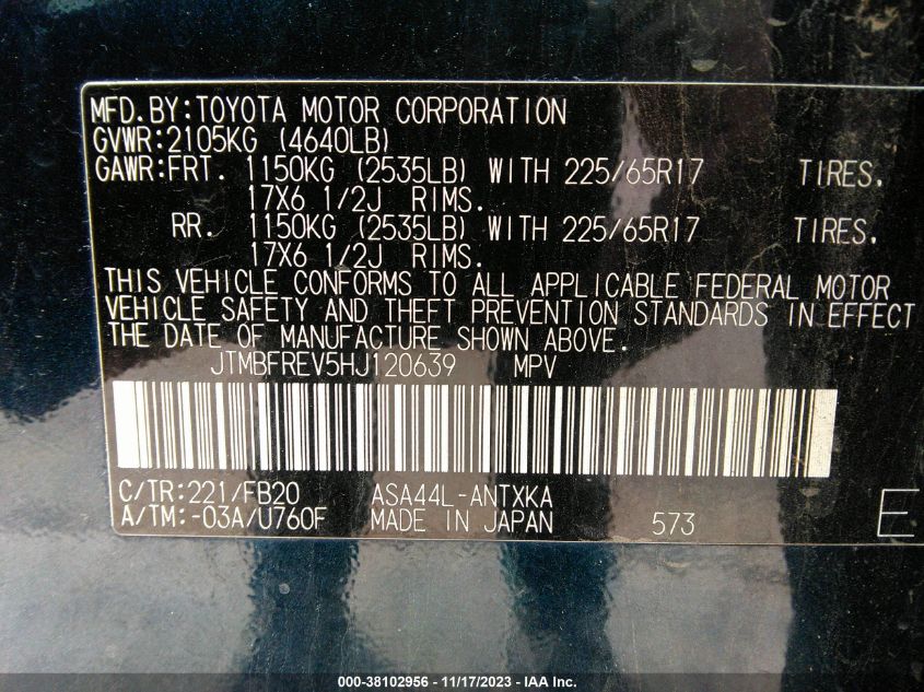 2017 TOYOTA RAV4 LE - JTMBFREV5HJ120639