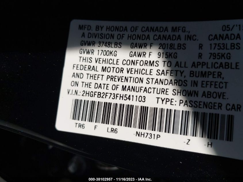 2015 HONDA CIVIC SE - 2HGFB2F73FH541103