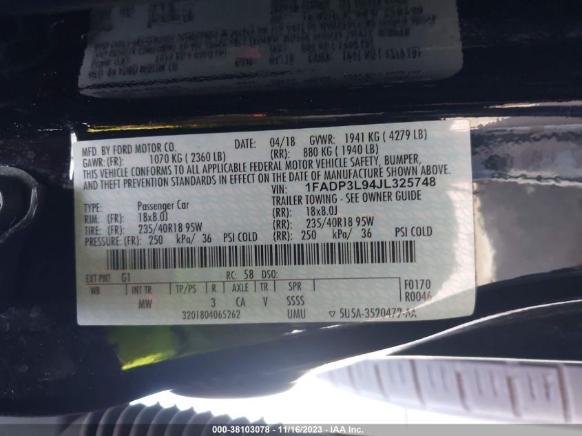 VIN 1FADP3L94JL325748 2018 FORD FOCUS ST