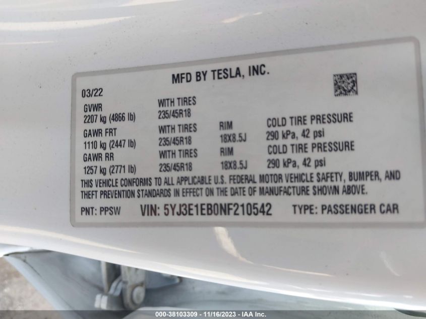 2022 TESLA MODEL 3 LONG RANGE DUAL MOTOR - 5YJ3E1EB0NF210542