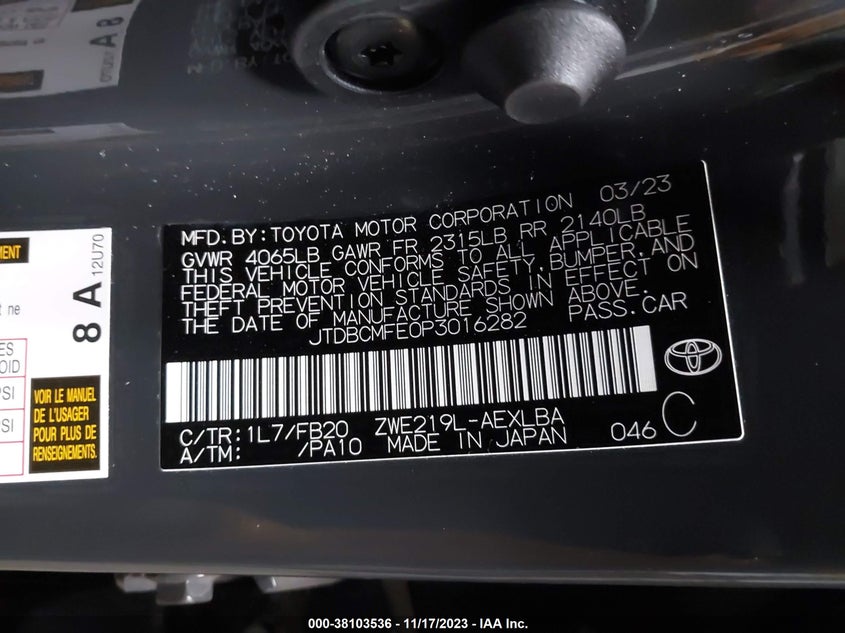 VIN JTDBCMFE0P3016282 2023 TOYOTA COROLLA LE/SE/XLE