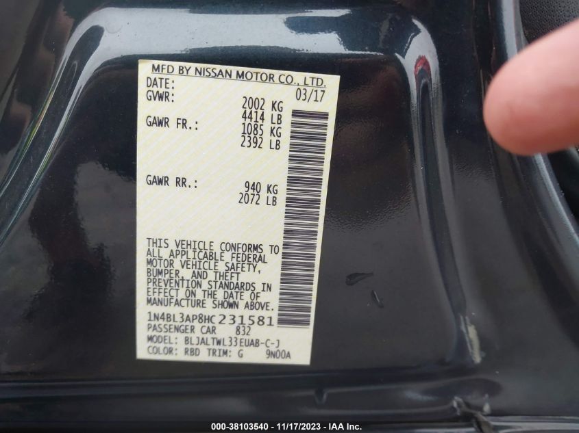 2017 NISSAN ALTIMA 3.5SL/3.5 SR - 1N4BL3AP8HC231581